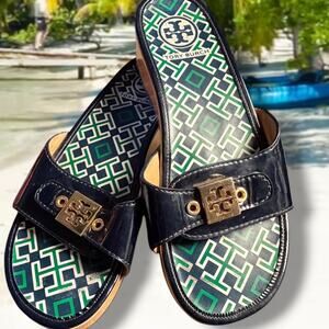 Women's Sz 8M TORY BURCH Dixon Navy Blue & Green Gemini Link Slide Sandals VGUC
